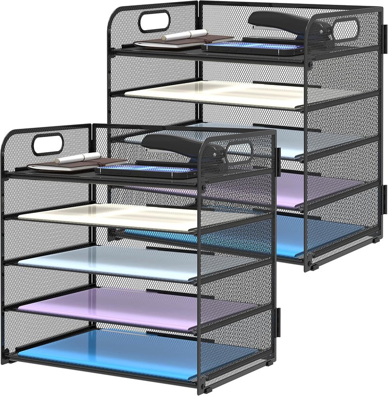 SUPEASY 2 Pack 5-Tier Desk Organizer with Handle Mesh Desk File/Paper Organizer Letter Tray for Office, School and Home Easy Installation,Black - Image 1