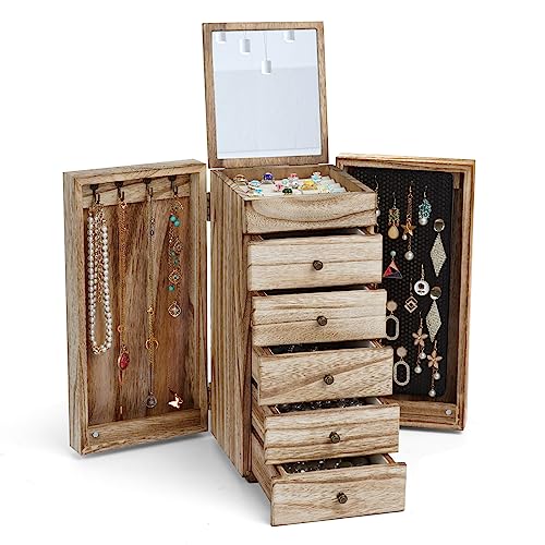 Meangood Jewelry Box Wood for Women, 6-Layer Large Organizer Box with Mirror & 5 Drawers for Rings, Earrings, Necklaces, Vintage Style, Carbonized Black - Image 1