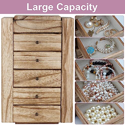 Meangood Jewelry Box Wood for Women, 6-Layer Large Organizer Box with Mirror & 5 Drawers for Rings, Earrings, Necklaces, Vintage Style, Carbonized Black - Image 3