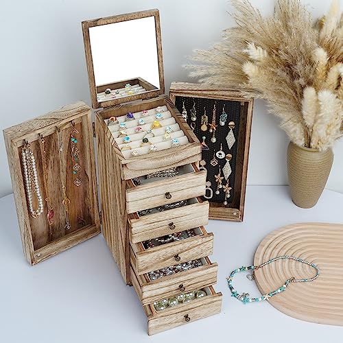 Meangood Jewelry Box Wood for Women, 6-Layer Large Organizer Box with Mirror & 5 Drawers for Rings, Earrings, Necklaces, Vintage Style, Carbonized Black - Image 2