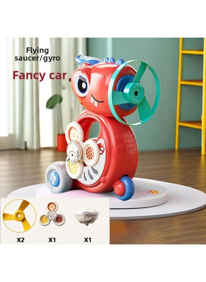 Cartoon Dinosaur Flying Saucer Top Whistle Inertia Car Turaround Music Five-in-One Toy Bamboo Dragonfly Baby Toy-Color:Red Ranran Dragon [five-in-one Gameplay] - Image 1
