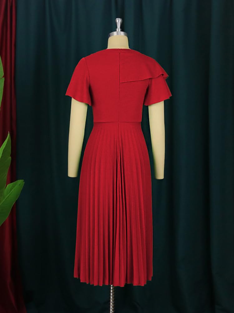 AOMEI Women's Red Short Sleeve Asymmetrical Ruffles High Waist Pleated Hem Midi Spring Dress (3XL,3X-Large) - Image 5