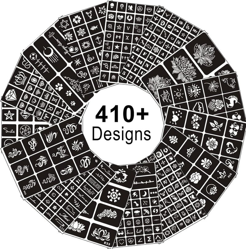 Temporary Tattoo Stencils 15 Sheets 410 Pieces Glitter Tattoo with Makeup Stencils for Kids and Adults Halloween Party
