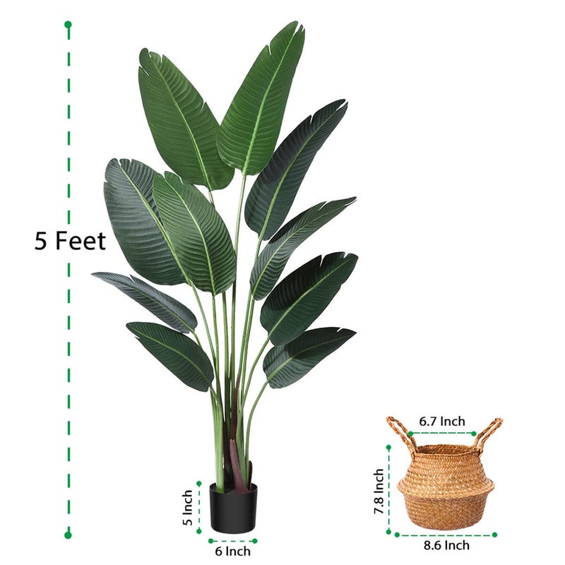 Ferrgoal Artificial Bird of Paradise Plants 5Ft Fake Tropical Palm Tree with 10 Trunks in Pot and Woven Seagrass Belly Basket Perfect Faux Plant for Home Indoor Outdoor Office Modern Decor Green - Image 5
