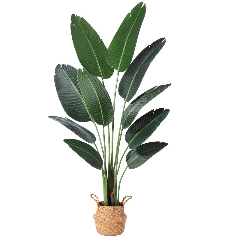 Ferrgoal Artificial Bird of Paradise Plants 5Ft Fake Tropical Palm Tree with 10 Trunks in Pot and Woven Seagrass Belly Basket Perfect Faux Plant for Home Indoor Outdoor Office Modern Decor Green - Image 1