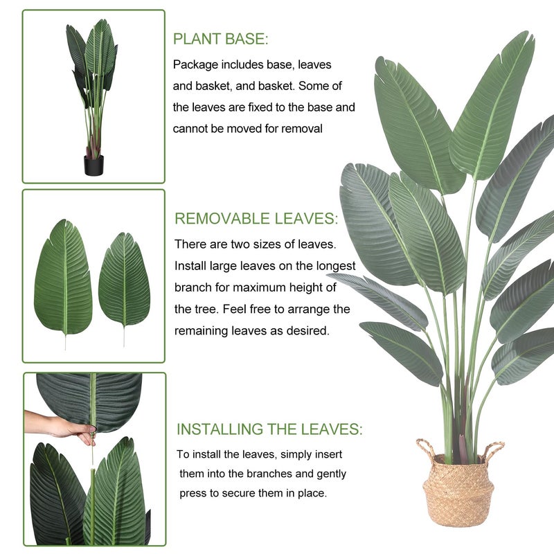 Ferrgoal Artificial Bird of Paradise Plants 5Ft Fake Tropical Palm Tree with 10 Trunks in Pot and Woven Seagrass Belly Basket Perfect Faux Plant for Home Indoor Outdoor Office Modern Decor Green - Image 3