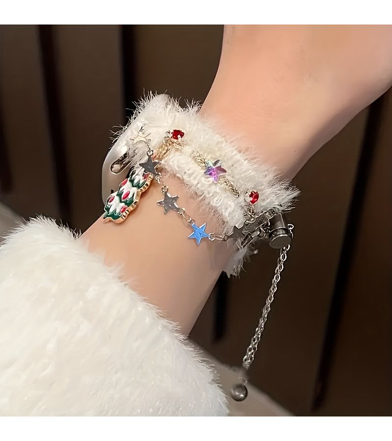 Fashionable Christmas Plush Watch Strap White 42 44 45 46 49mm Diamond Tree Pendant Bracelet Adjustable Compatible Series - Image 5