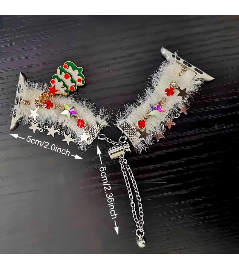Fashionable Christmas Plush Watch Strap White 42 44 45 46 49mm Diamond Tree Pendant Bracelet Adjustable Compatible Series - Image 2