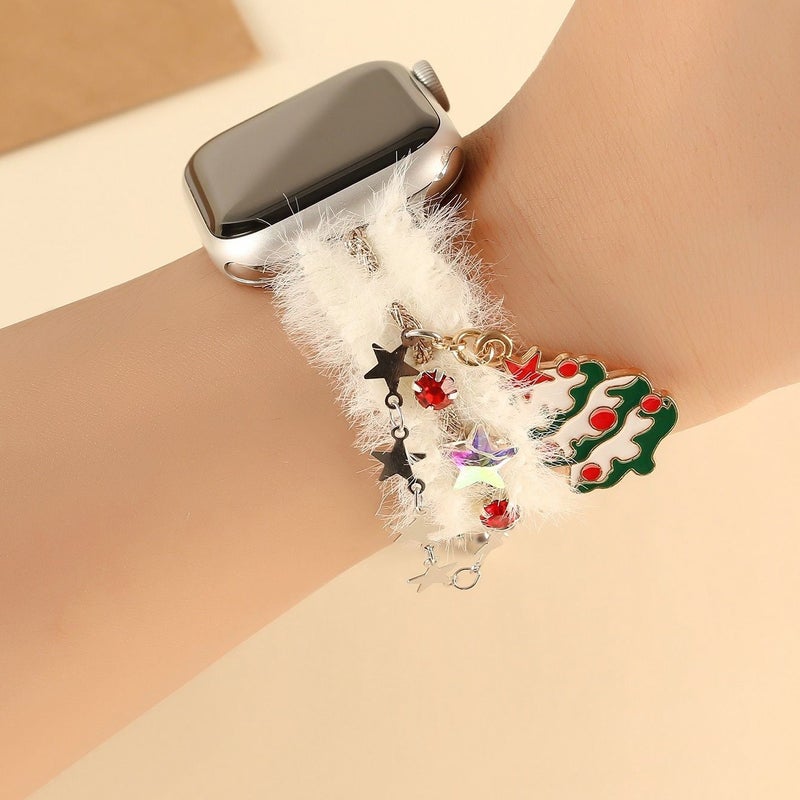 Fashionable Christmas Plush Watch Strap White 42 44 45 46 49mm Diamond Tree Pendant Bracelet Adjustable Compatible Series - Image 4