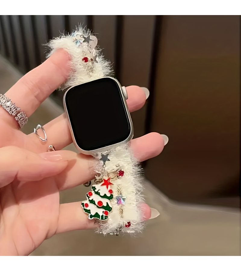 Fashionable Christmas Plush Watch Strap White 42 44 45 46 49mm Diamond Tree Pendant Bracelet Adjustable Compatible Series - Image 1