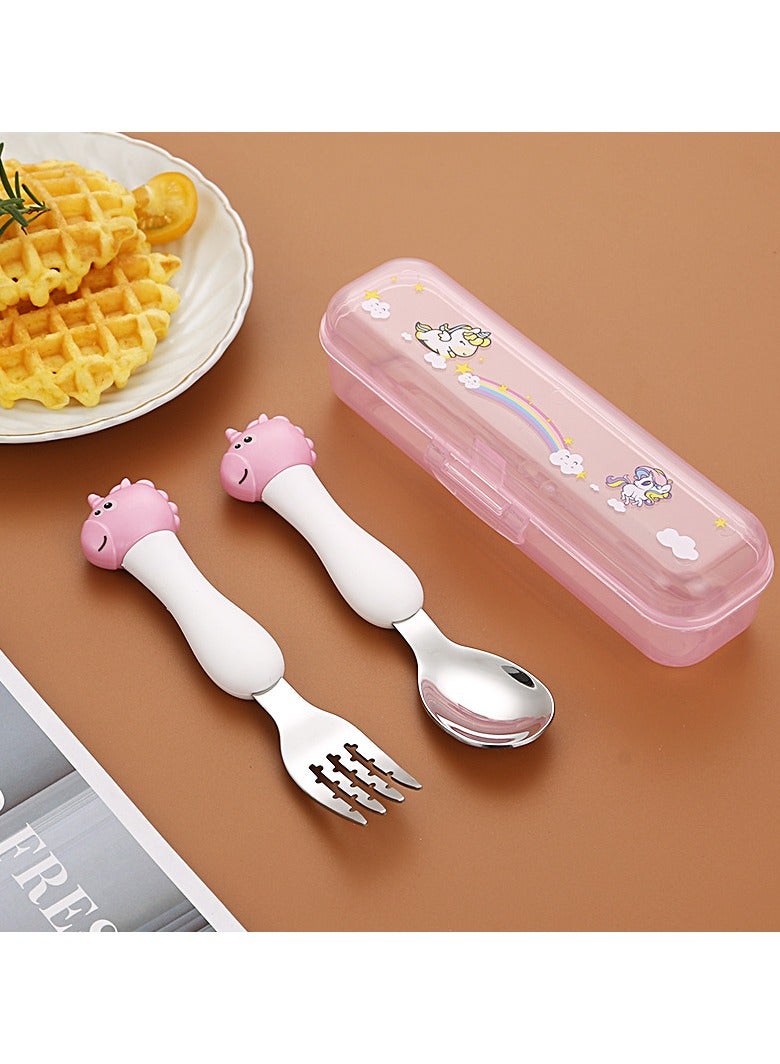 Children's Portable Cutlery Set Stainless Steel Fork And Spoon Set With Storage Box White/Pink - Image 1