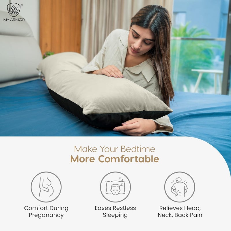 MY ARMOR Microfibre Body Side Pillow for Sleeping for Pregnancy 53x16 Inches Long Cuddle Pillow for Hugging Relaxing Washable Premium Velvet Outer Cover with Zip Black Cream - Image 3