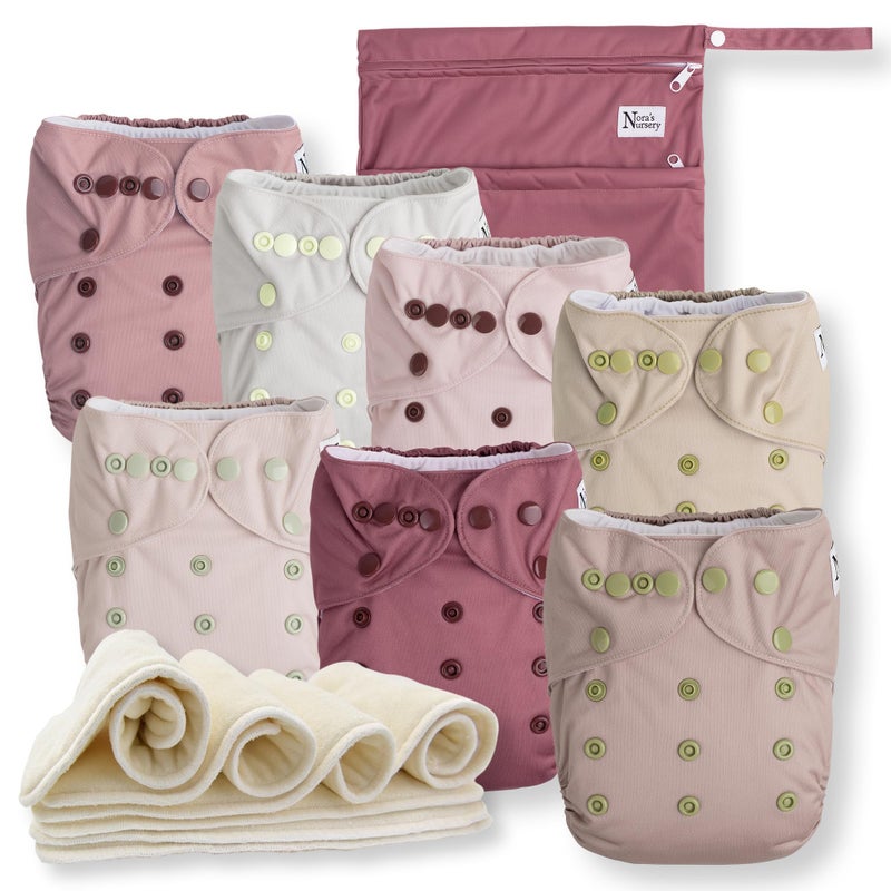 Nora's Nursery Noras Nursery Cloth Diapers 7 Pack with 7 Inserts 1 Wet Bag Waterproof Cover Washable Reusable One Size Adjustable Pocket Diapers for Newborns and Toddlers Ballet Slippers