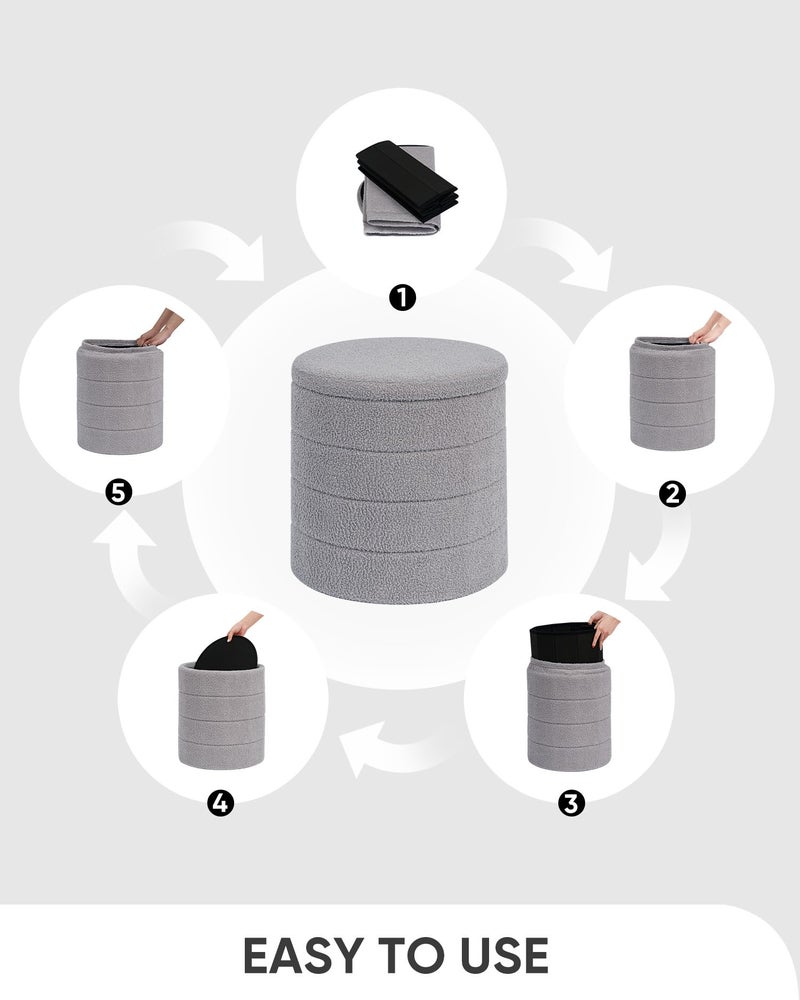 B FSOBEIIALEO Ottoman with Stroage, Round Sherpa Storage Ottoman Stool, Boucle Foot Rest 14.6"x14.6"x17.7"ï¼ˆGrey - Image 5