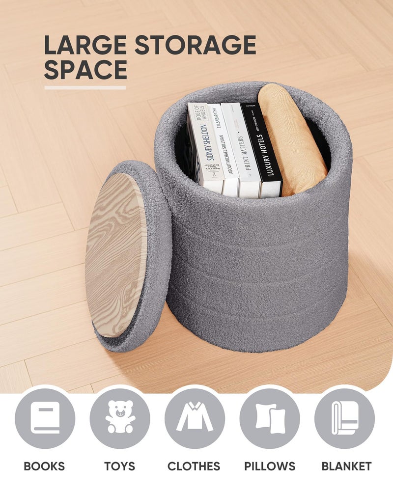 B FSOBEIIALEO Ottoman with Stroage, Round Sherpa Storage Ottoman Stool, Boucle Foot Rest 14.6"x14.6"x17.7"ï¼ˆGrey - Image 2