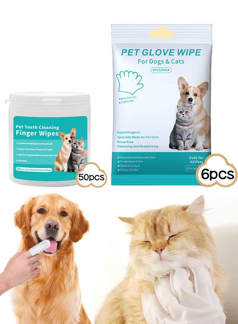 (Pack of 2)Disposable Pet Cleaning Deodorizing Bath(6pcs) Wipes+Teeth(50pcs) Cleaning Wipes Pet Dental Finger Wipes for Dogs or Cats, Daily Care Outdoor Travel No Rinse - Image 1