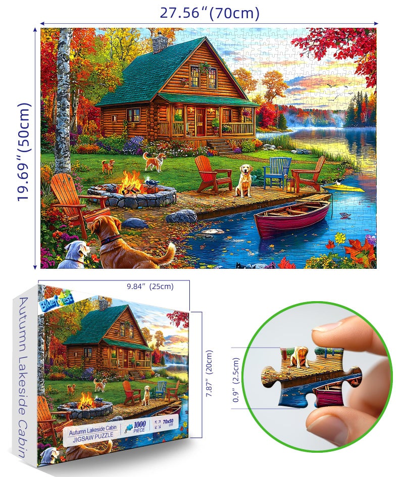 Blueforest Autumn Lake House 1000 Piece Jigsaw Puzzle for Adults Log Cabin with Dogs & Fall Foliage Adult Puzzles 1000 Pieces for Family Game Night & Home Decor - Image 2