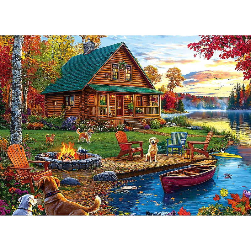Blueforest Autumn Lake House 1000 Piece Jigsaw Puzzle for Adults Log Cabin with Dogs & Fall Foliage Adult Puzzles 1000 Pieces for Family Game Night & Home Decor - Image 1