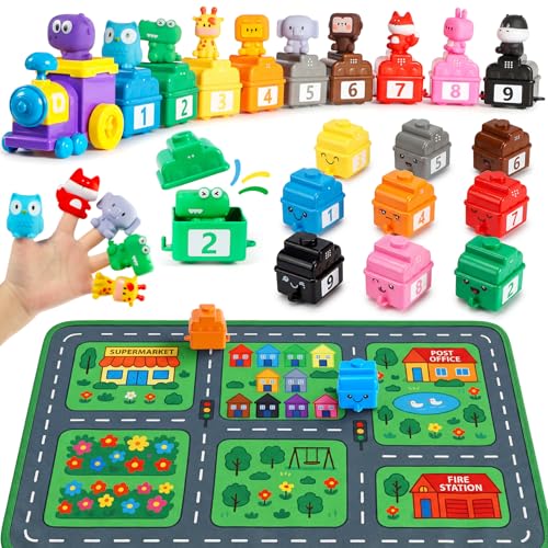 URMYWO Learning Toys for 1 2 3 Years Old Boy Girl Toddler Montessori Toys Train Set with 10 Finger Puppets Play Mat Counting Matching Sorting Toddler Birthday Gift Easter Basket Stuffers - Image 1