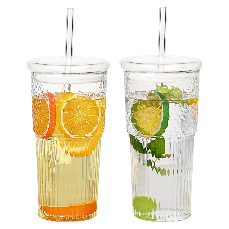 Glass Cups with Lids and Straws 590ml20 oz Iced Tea Coffee Cups Vintage Ripple Glassware Set Wide Mouth Glass Tumbler with Straw for Water Coffee Tea 2 PCS Clear