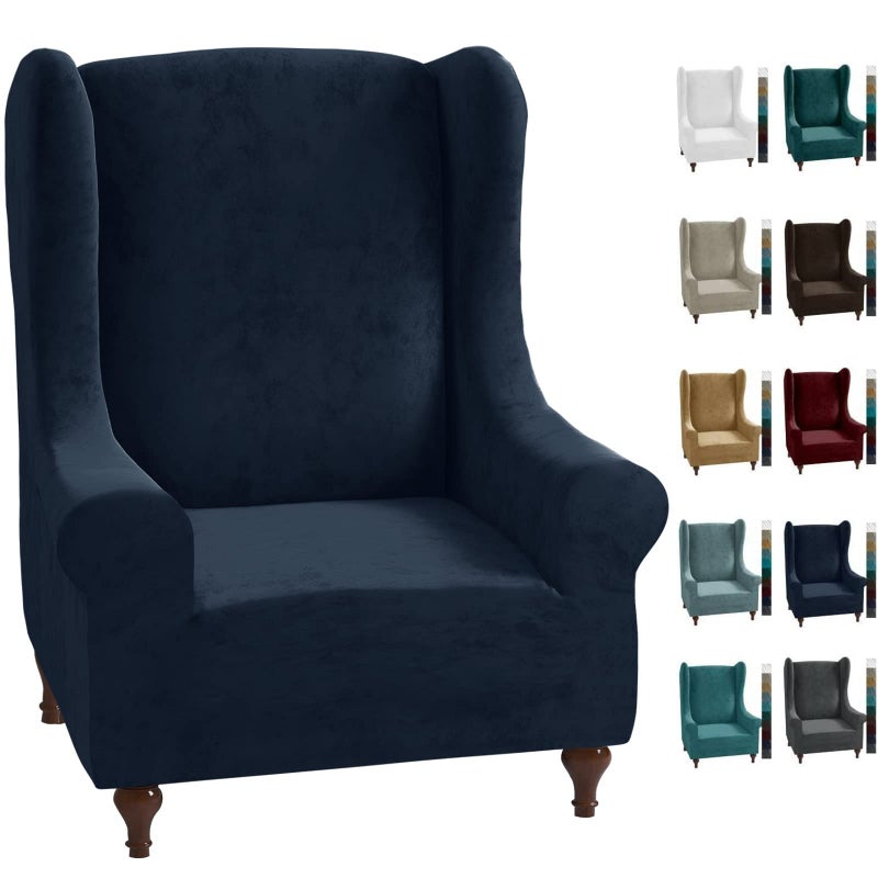 MAXIJIN Stretch Velvet Wingback Chair Slipcover 1Piece Soft Stylish Plush Slipcovers for Wingback Chairs Thick Rich Velvet Wing Chair Cover with Elastic Bottom Wing Chair Navy Blue