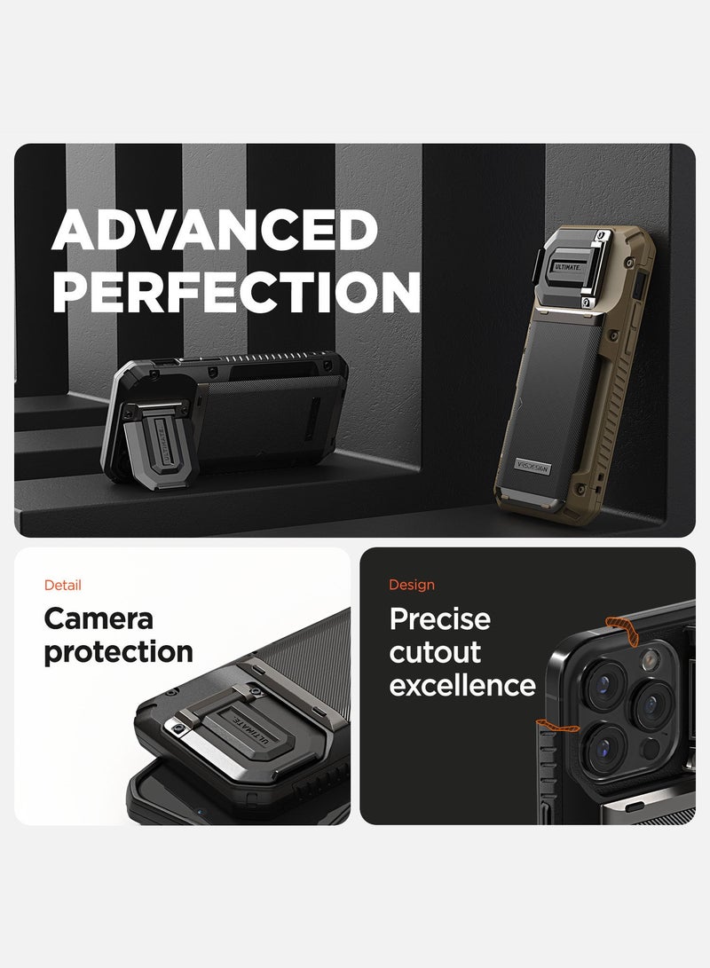 VRS Design غطاء حقيبة محفظة Damda Glide Duo Guard لجهاز iPhone 16 Pro MAX مع فتحة لحامل بطاقات ائتمان شبه تلقائية [4 بطاقات] وحامي عدسة الكاميرا حامل - لون كاكي - Image 3