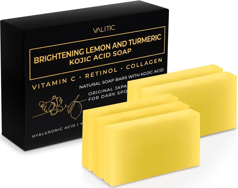 VALITIC Brightening Lemon  Turmeric Kojic Acid Soap with Vitamin C Retinol Collagen  Original Japanese Complex Infused with Hyaluronic Acid Vitamin E Shea Butter Castile Olive Oil 5 Pack