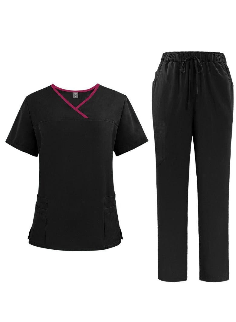 Womens Medical Uniform Scrubs 2 Piece Set V-Neck Top and Elastic Waist  Straight Pants Suit Black