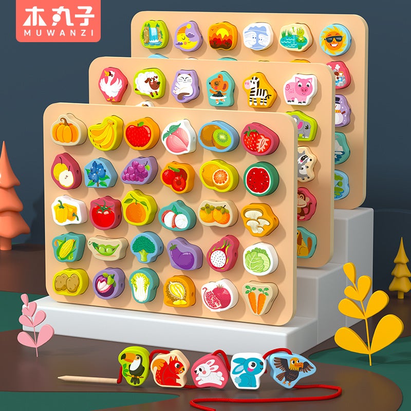 Children'S Early Education Educational Wooden Large Particles Thinning Rope Toy Beaded Jigsaw Jigsaw Puzzle Building Blocks Quality Matching - Image 2