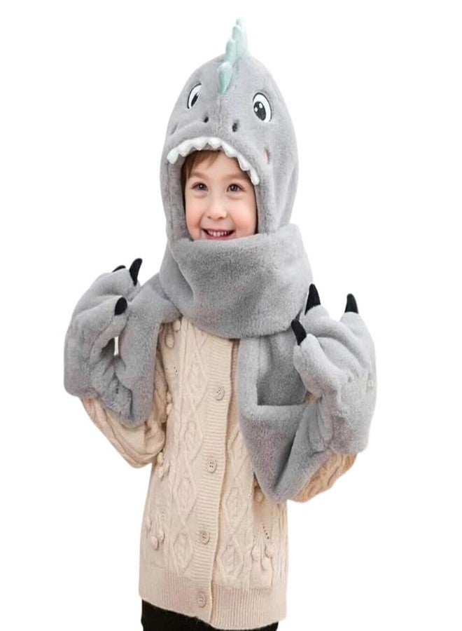 PENINSULA LOVE Kids 3-in-1 Hooded Hat Gloves Scarf Set,Cute Dinosaur Faux Fur Hat Plush Warm Earflap Beanie for Boys Girls - Image 4