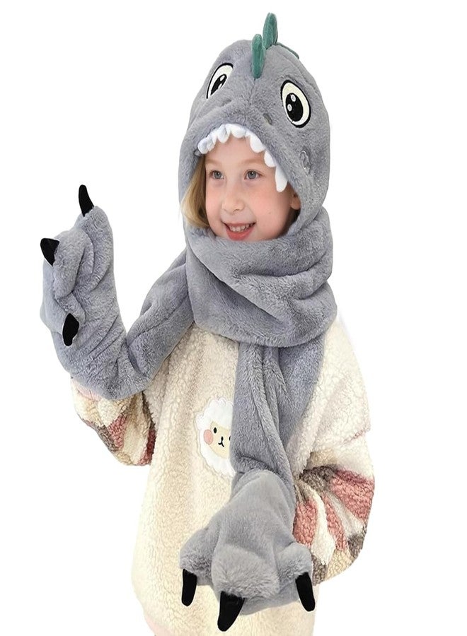 PENINSULA LOVE Kids 3-in-1 Hooded Hat Gloves Scarf Set,Cute Dinosaur Faux Fur Hat Plush Warm Earflap Beanie for Boys Girls - Image 1