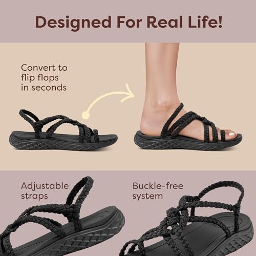 Plaka Explore Walking and Hiking Sandals for Women | Comfortable Summer Sandal with Arch Support | Waterproof Comfy Sandals for Travel, Beach or Poolside | Pure Black | size 7 - Image 4