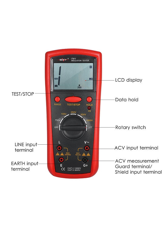 Insulation Resistance Meter Digital Ohmmeter Handheld Insulation Tester 0.1MΩ-2000MΩ Auto-Ranging High Accuracy LCD Insulation Measurement Instrument