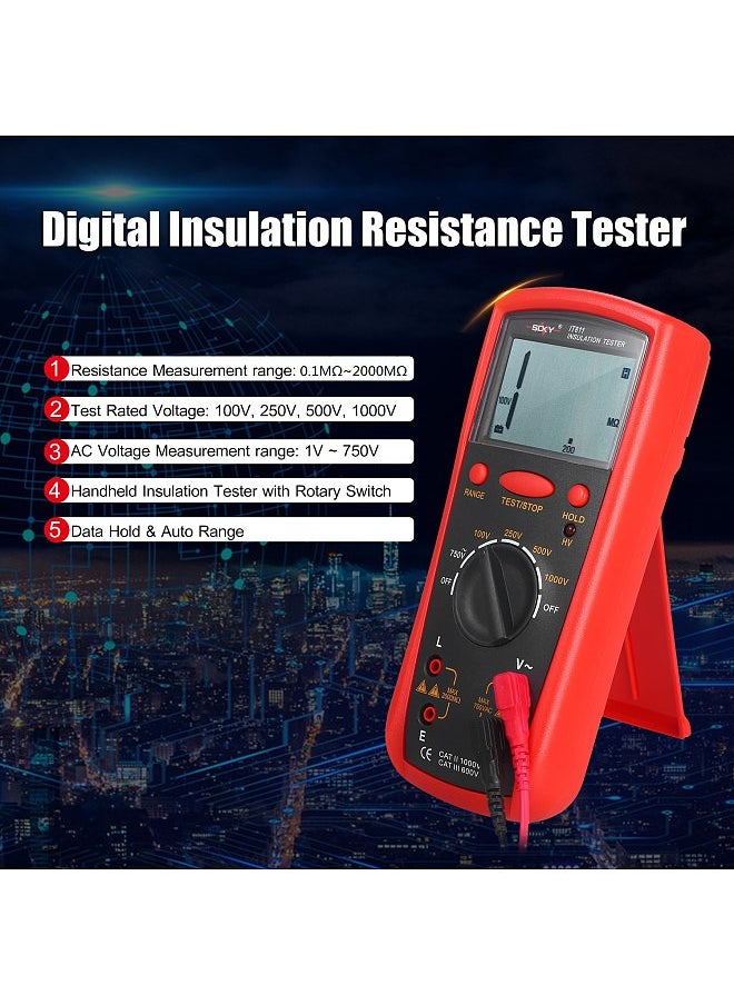 Insulation Resistance Meter Digital Ohmmeter Handheld Insulation Tester 0.1MΩ-2000MΩ Auto-Ranging High Accuracy LCD Insulation Measurement Instrument