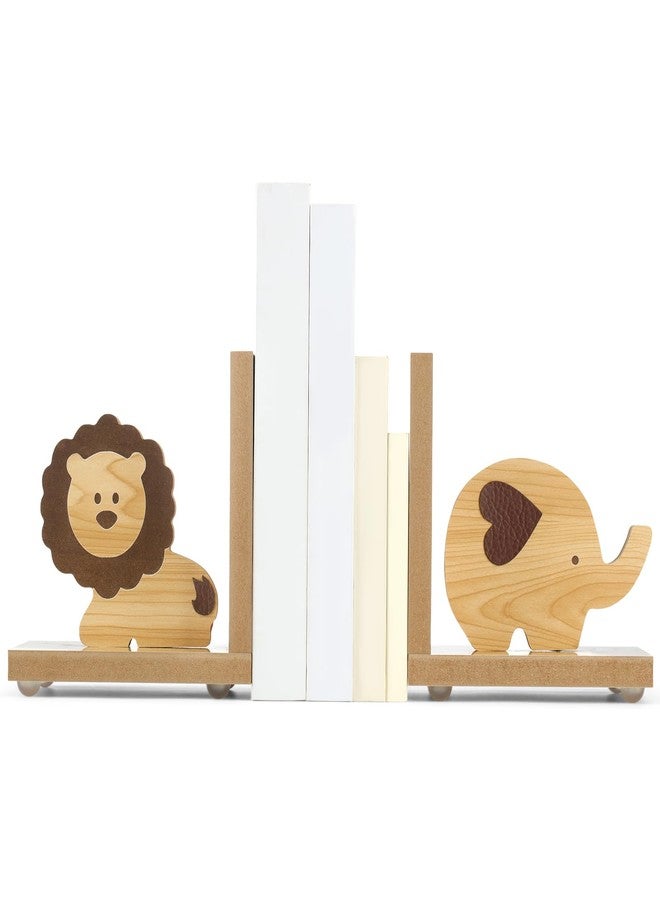 Harloon 2 Pcs Animal Bookends for Kids Wooden Decor Safari Bookends Decor for Girl Children Bedroom Home(Lion Elephant) - Image 1