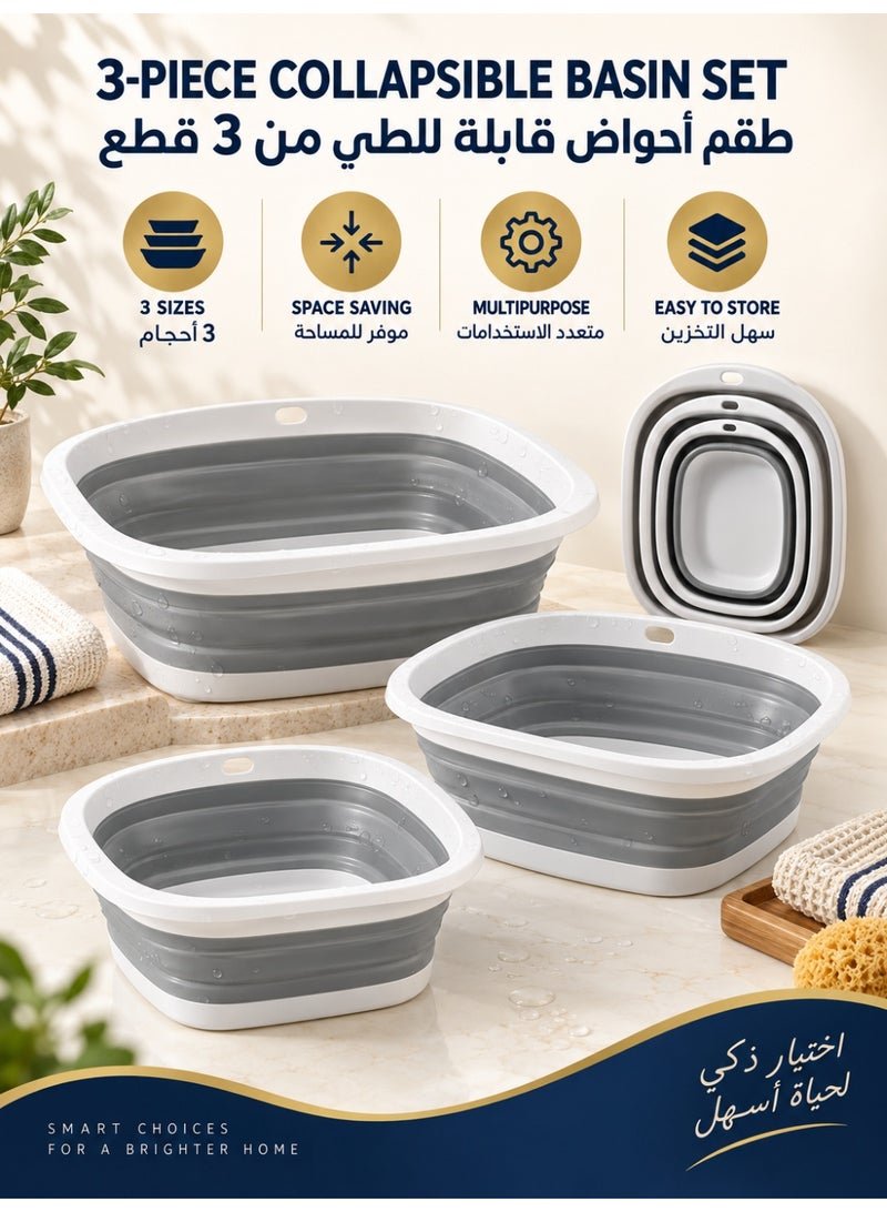 SKT Shiketro 3 Pack Collapsible Wash Basins, Large Medium Small Foldable Laundry and Dish Tubs, Space-Saving PP & Silicone Washing Bowls with Anti-Slip Base and Hanging Hole for Home, Camping, RV, Fruit and Vegetables - Image 1