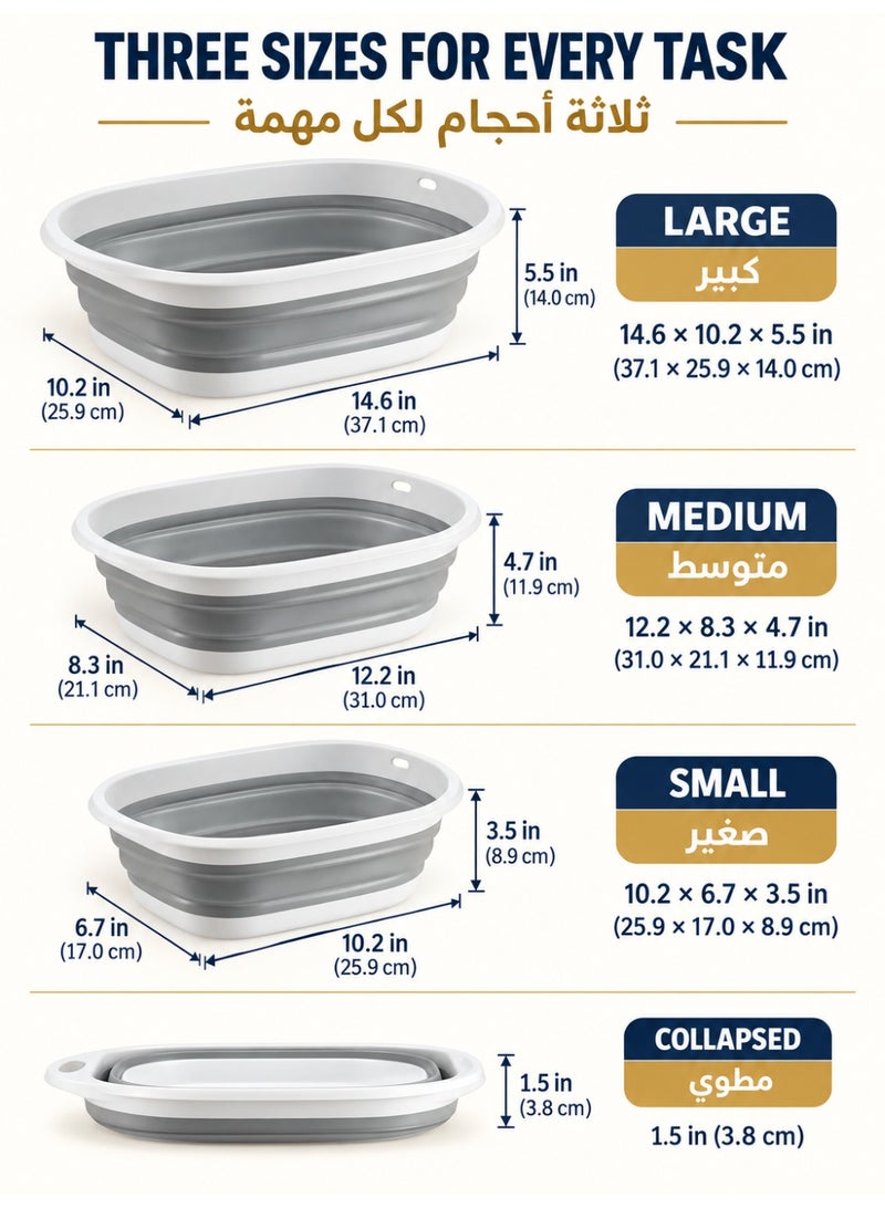 SKT Shiketro 3 Pack Collapsible Wash Basins, Large Medium Small Foldable Laundry and Dish Tubs, Space-Saving PP & Silicone Washing Bowls with Anti-Slip Base and Hanging Hole for Home, Camping, RV, Fruit and Vegetables - Image 2