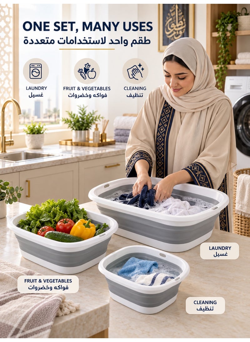 SKT Shiketro 3 Pack Collapsible Wash Basins, Large Medium Small Foldable Laundry and Dish Tubs, Space-Saving PP & Silicone Washing Bowls with Anti-Slip Base and Hanging Hole for Home, Camping, RV, Fruit and Vegetables - Image 4
