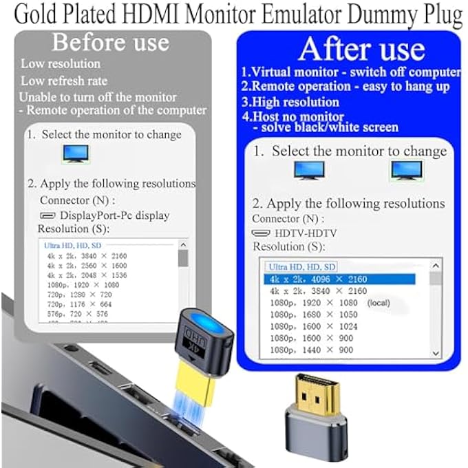 rayihni [عبوة 2] موصل عرض HDMI افتراضي بدون رأس 4K، محاكي شاشة افتراضية، يدعم حتى 1080P 2K 4K@60HZ UHD EDID، مع ضوء LED، لأنظمة سطح المكتب بدون رأس للألعاب - Image 3