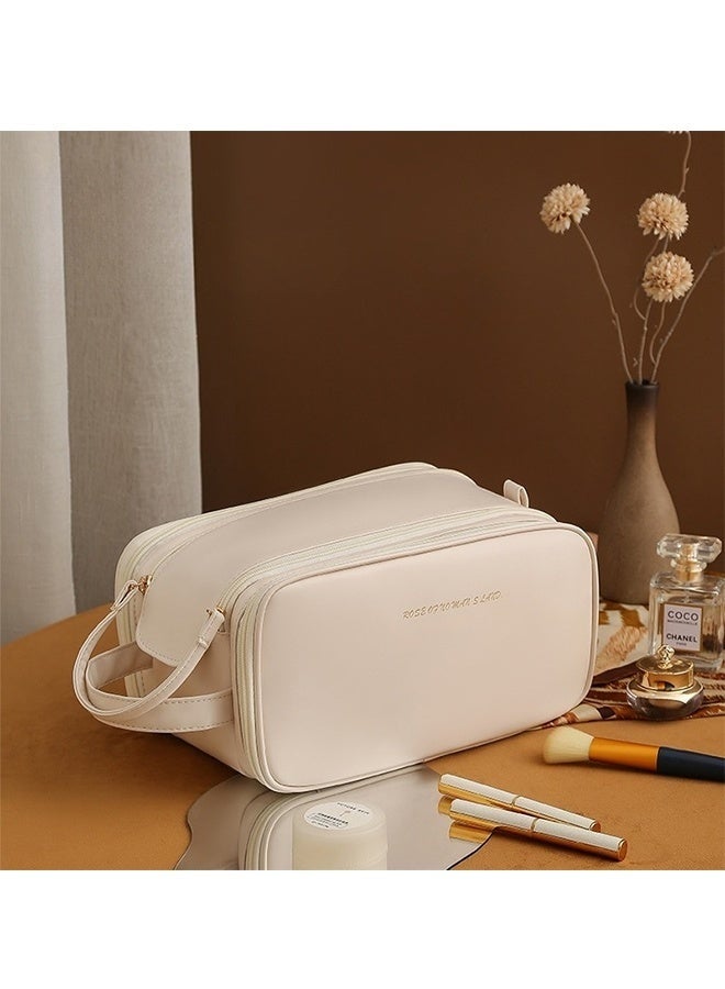 حقيبة مكياج سفر كبيرة السعة، غطاء من جلد البولي يوريثان والبولي يوريثين الحراري، حقيبة مكياج محمولة، صندوق مكياج مع مقصورات ومقبض، حقيبة مكياج سفر مقاومة للماء، حقيبة تخزين منتجات العناية بالبشرة، حقيبة تخزين مكياج يومي (أبيض) - Image 1