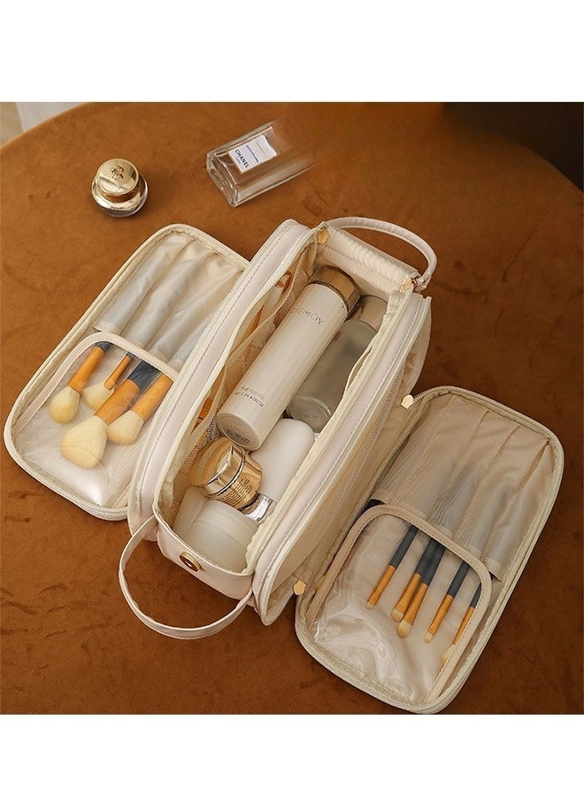 حقيبة مكياج سفر كبيرة السعة، غطاء من جلد البولي يوريثان والبولي يوريثين الحراري، حقيبة مكياج محمولة، صندوق مكياج مع مقصورات ومقبض، حقيبة مكياج سفر مقاومة للماء، حقيبة تخزين منتجات العناية بالبشرة، حقيبة تخزين مكياج يومي (أبيض) - Image 2