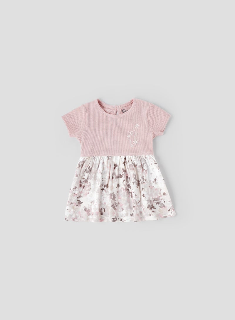 POPEES Baby Girl Dress | Short Sleeve Cotton Frock with Printed Skirt | Soft and Stylish Newborn Girl Dress - Image 1