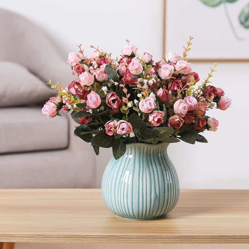 Duovlo 7 Branch 21 Mini Rose Heads Artificial Flowers Bouquet Wedding Home Office Decor,Pack of 2 (2 PCS Pink) - Image 5