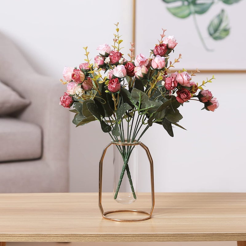 Duovlo 7 Branch 21 Mini Rose Heads Artificial Flowers Bouquet Wedding Home Office Decor,Pack of 2 (2 PCS Pink) - Image 4