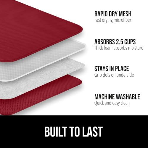 GORILLA GRIP Ultra Water Absorbent Microfiber Dish Drying Mat Quick Dry Thick Mesh Slip Resistant Pad for Sink Dishes or Under Rack Kitchen Counter Accessories Machine Wash Mats 18x16 Inch Red - Image 3