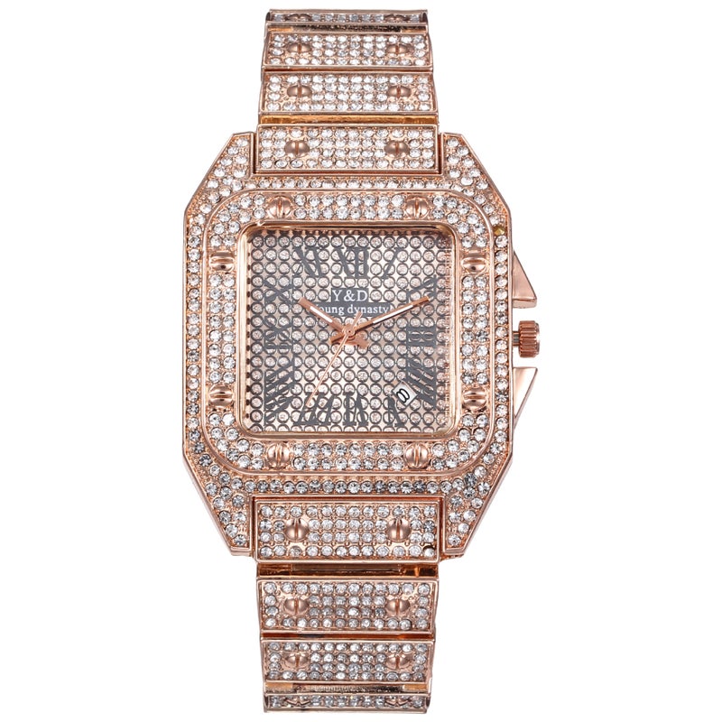 300Klab Watch Special Hip-Hop Rap Mens Full Diamond Rhinestone British Watch with Calendar Fashion Steel Strap Watch Rose gold 