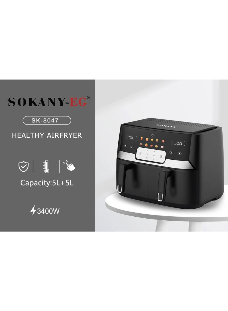 سوكاني قلاية سوكاني هوائية ديجيتال 10 لتر، 3400 واط - مزدوجة (سلتين × 5 لتر)، شاشة لمس ذكية، سلال مانعة للالتصاق وفصل تلقائي، أسود - SK-ZG-8047 | ضمان عام من المغربي ضد عيوب الصناعة - Image 3