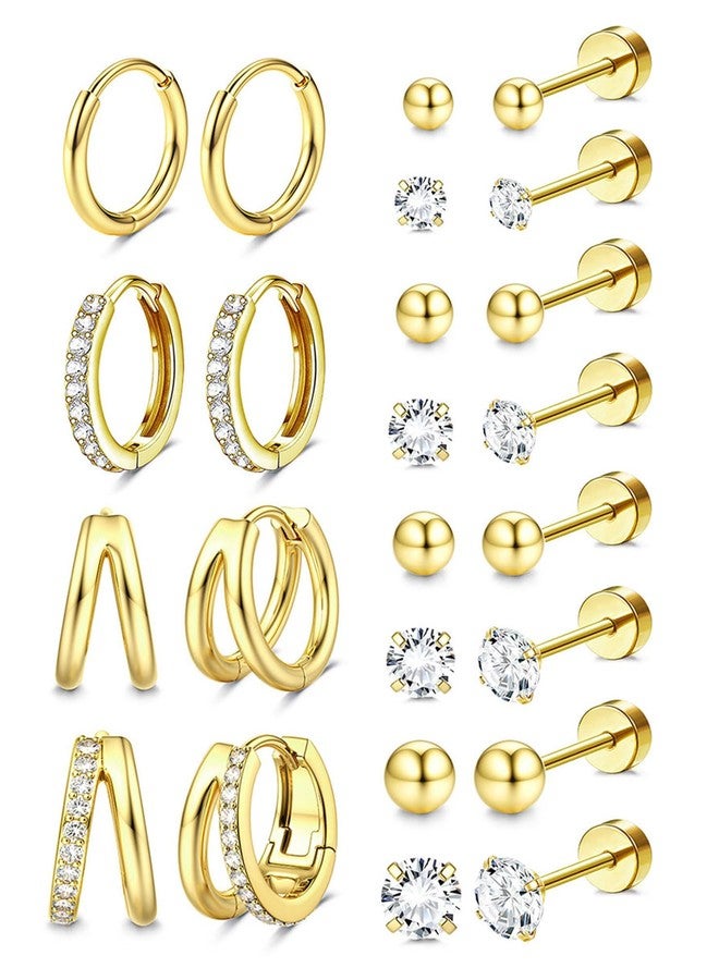 Jstyle Hypoallergenic 14K Gold Plated Stud Hoop Earrings for Women Men Surgical Stainless Steel Flat Back Earrings Small Huggie Hoops Cartilage Earring Set for Multiple Piercing Jewelry Gift for Women - Image 1