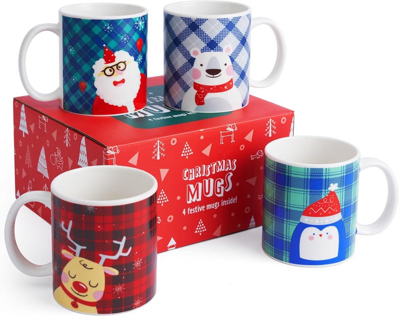 the twiddlers THE TWIDDLERS Ceramic Christmas Mugs Set of 4 in Giftbox 12 Oz Holiday Mugs Christmas Coffee Mugs Set for Hot Cocoa Chocolate Marshmallow Coffee Tea Juice Mulled Wine Tazas Navideas Para Cafe - Image 1