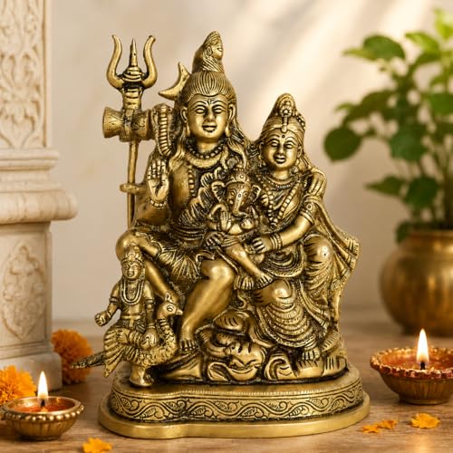 Kartique Brass Shiv Parivar Idol | Antique Finish Shiv Parvati Murti for Home, Pooja Room, and Decoration | Statue Height 7.75 Inch - Image 3